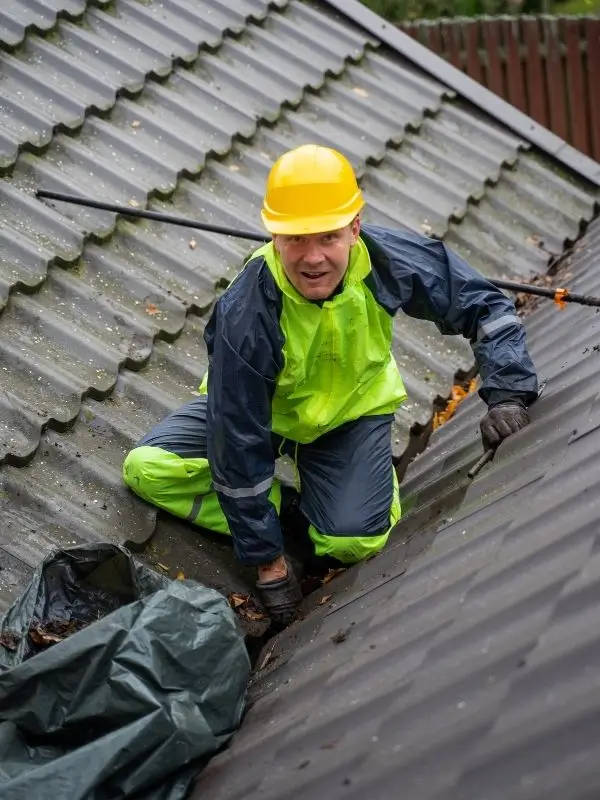Trained professional gently cleaning a roof to remove algae and debris without damage.