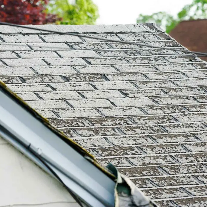 Roof with Algae and Stains – Before Professional Cleaning Residential roof with dark algae streaks and debris buildup needing professional cleaning.